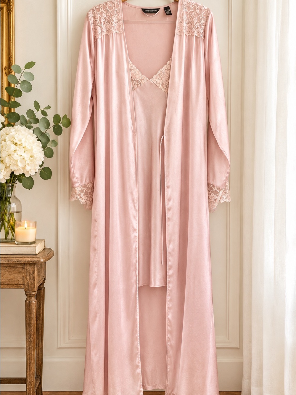 Vintage Valerie Stevens Pink Satin Peignoir Robe Gown Set XL Lace Coquette